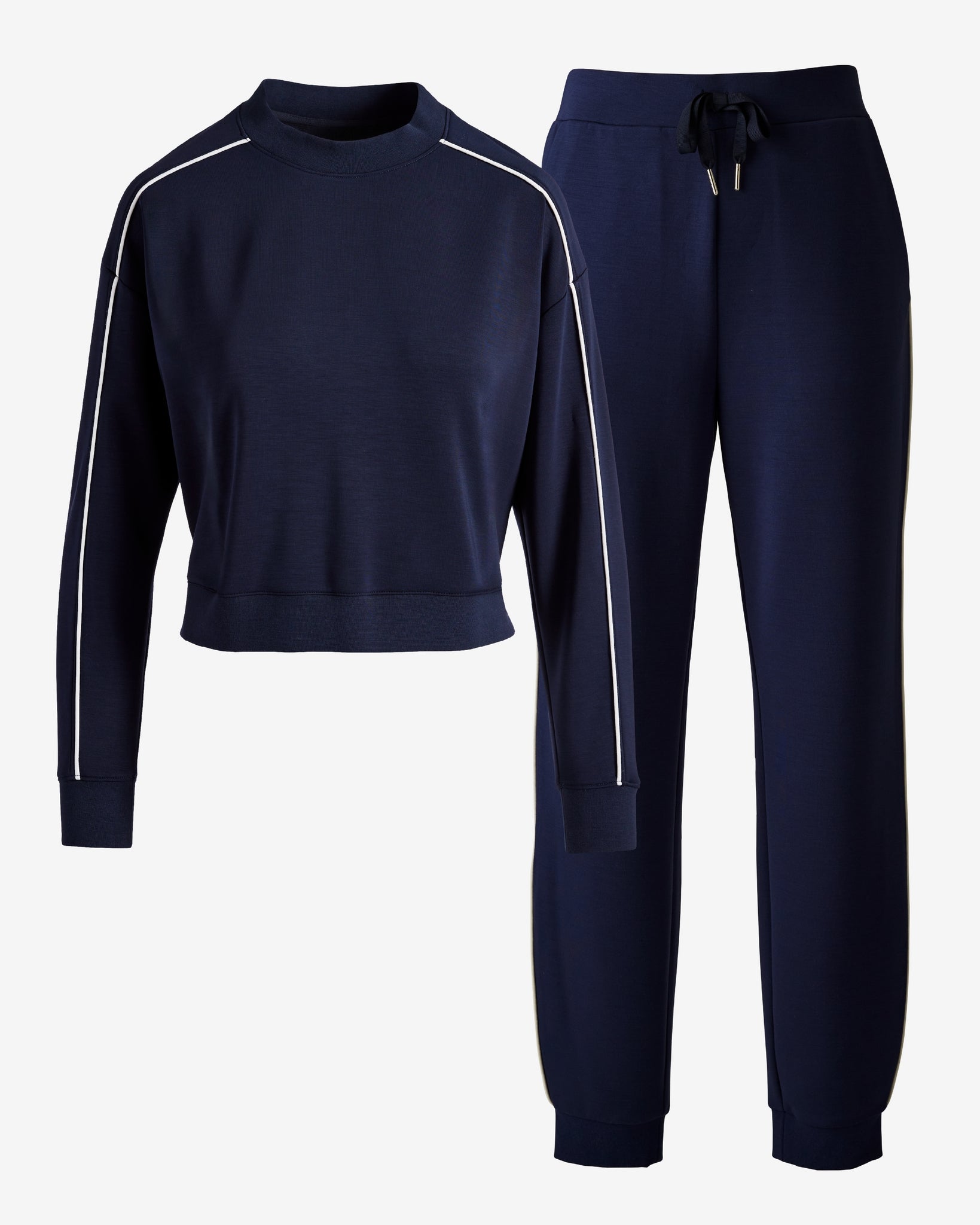 Luxe Lounge Piped Crew Neck and Jogger Set Navy Blue