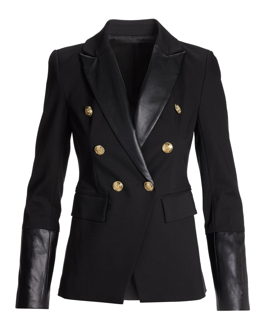 Leather Detailed Modern Double-Breasted Blazer Black