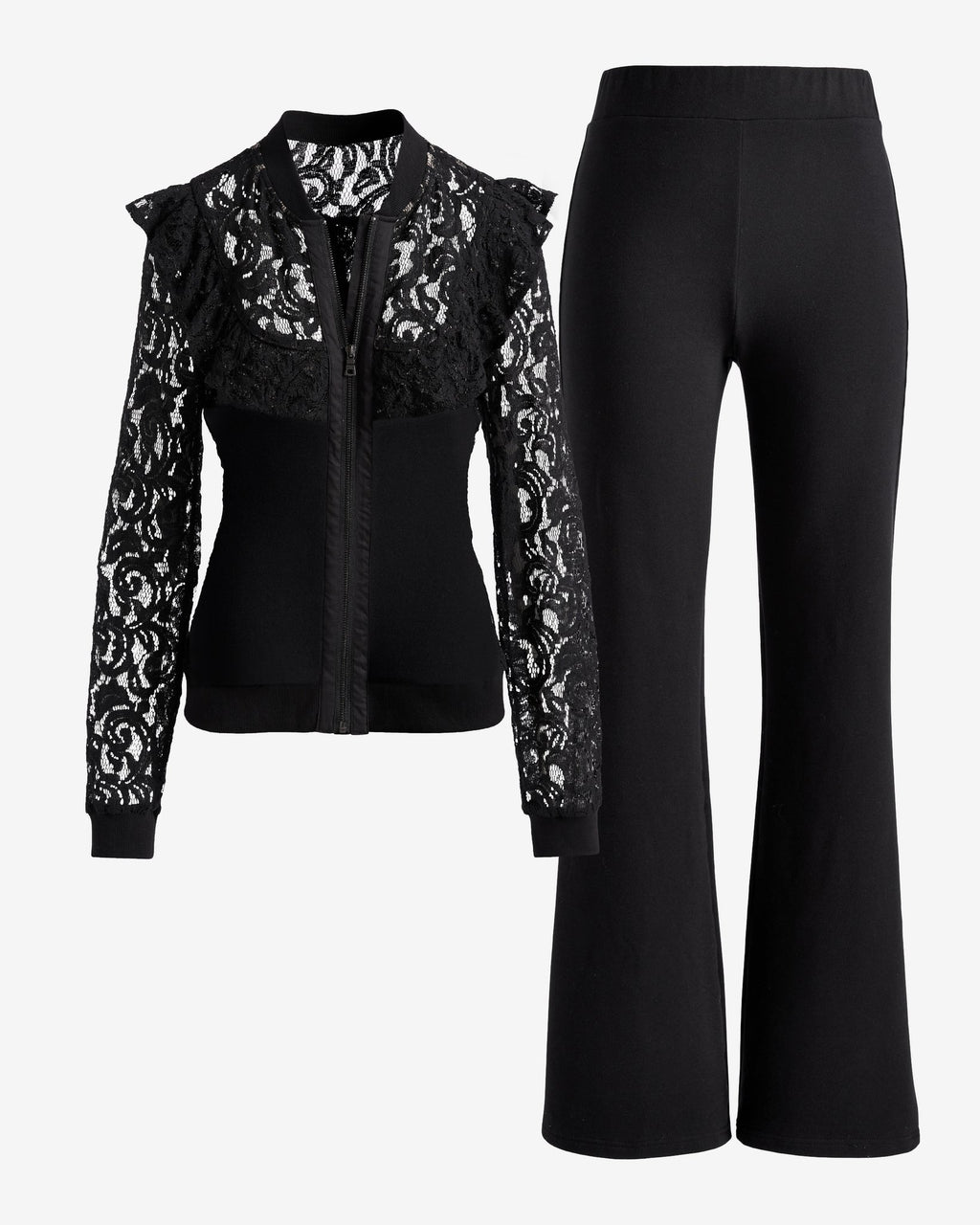 Lace Ruffle Bomber Jacket and Pant Set Proper Black