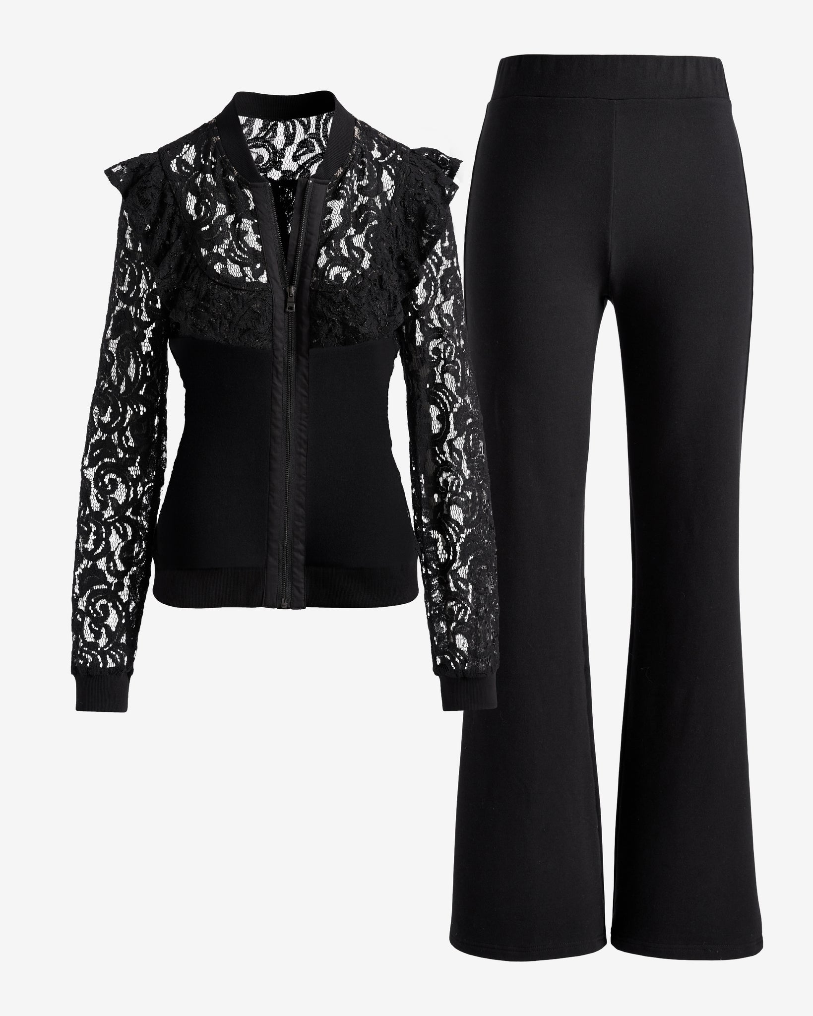 Lace Ruffle Bomber Jacket and Pant Set Proper Black