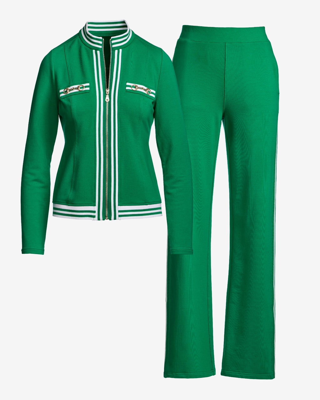 Striped French Terry Hardware Full Length Pant Set Green/White