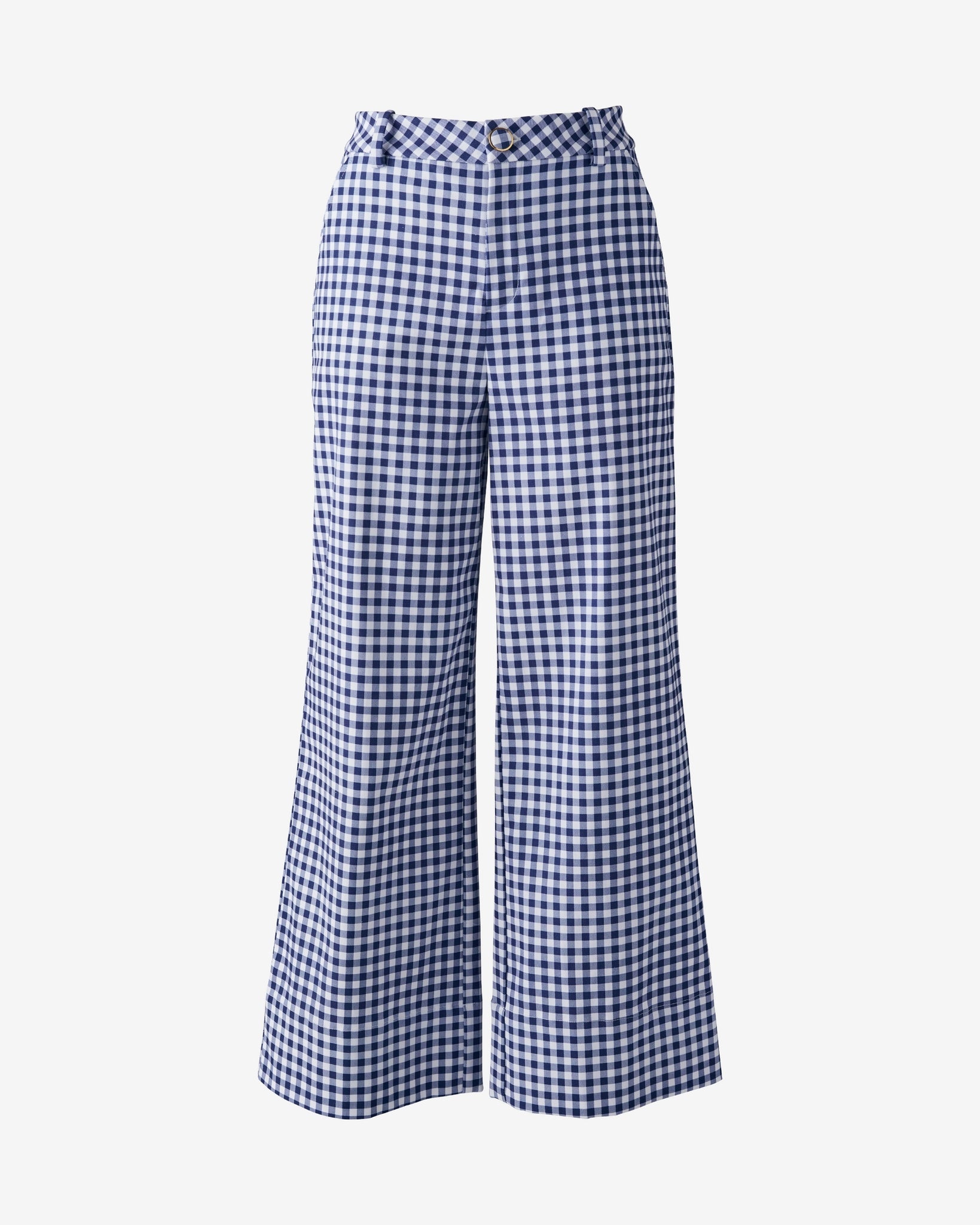 Ankle Length Wide Leg Gingham Twill Pant Navy/White
