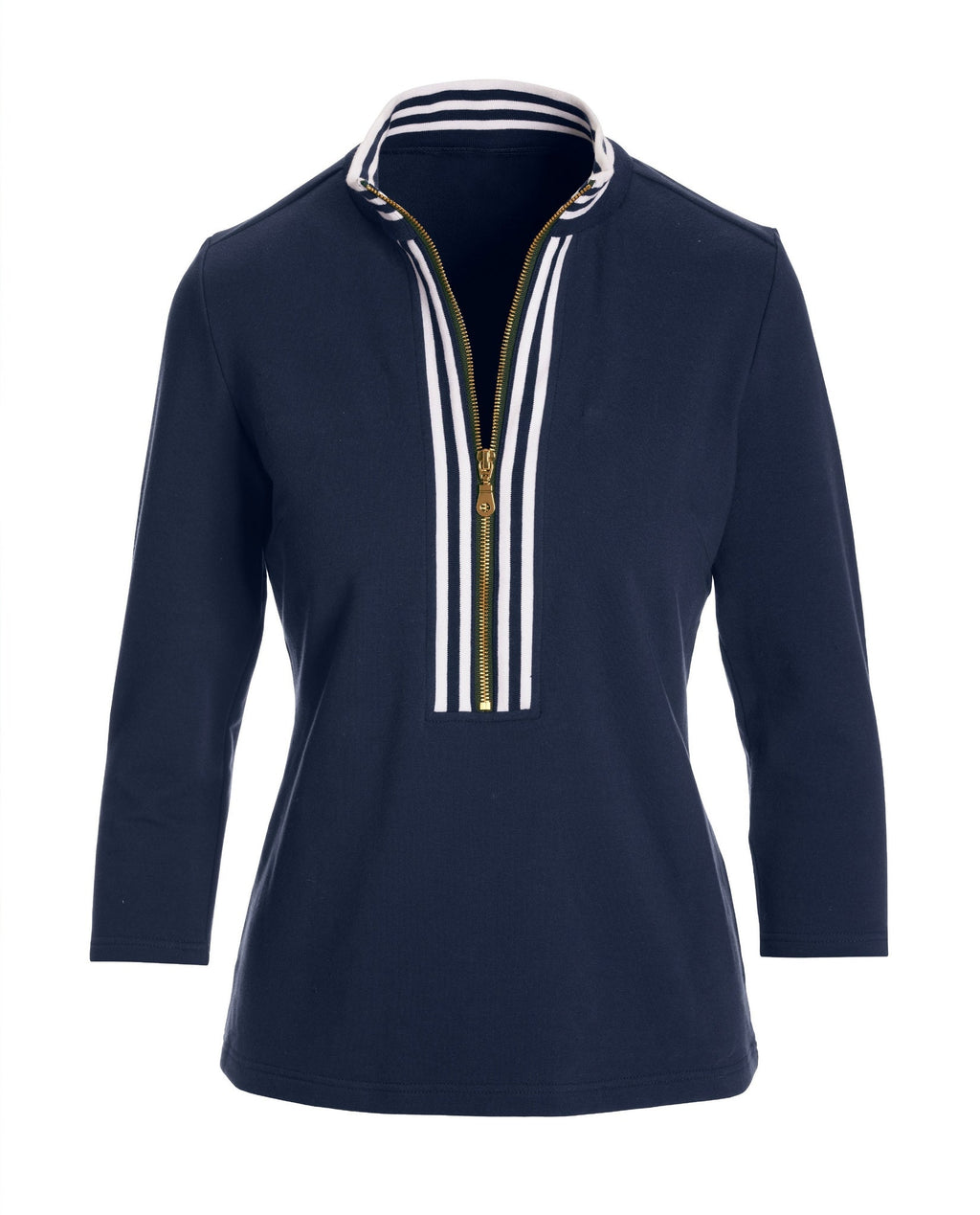 Striped French Terry Hardware Zipper Top Navy/White