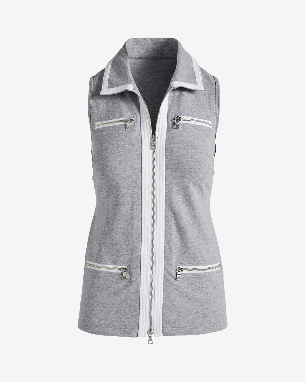 Chic Zip Sleeveless Collared Top Heather Gray/White