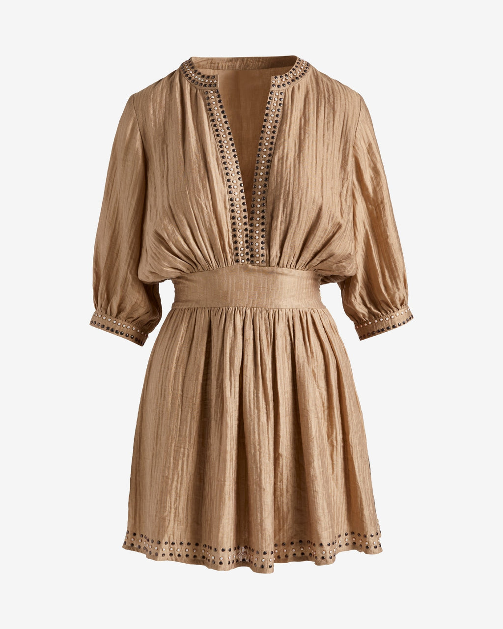 V-Neck Studded Puff Sleeve Dress Cappuccino