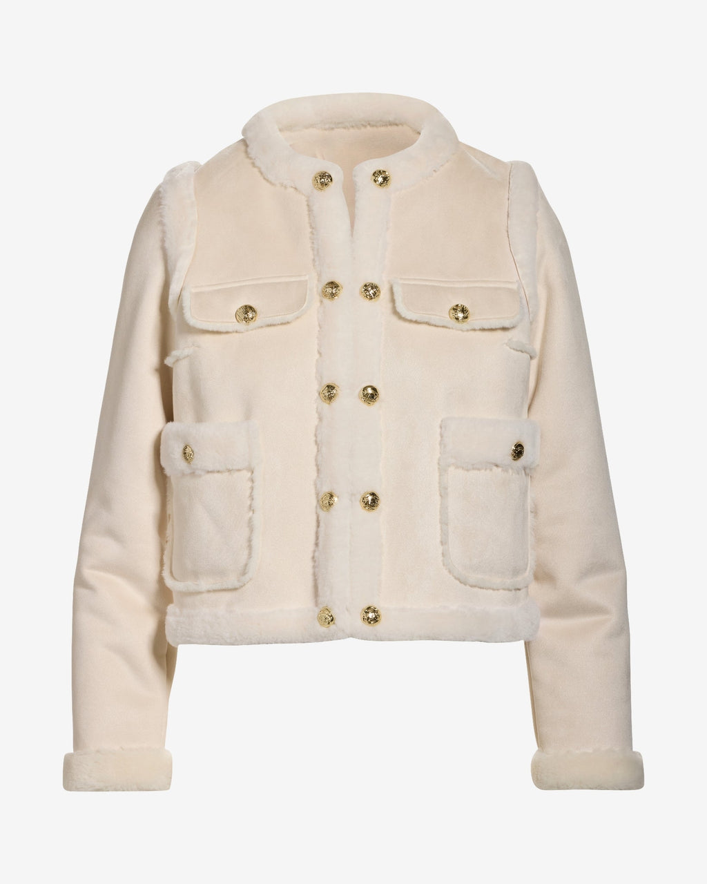 Fur Trim Faux Suede Lady Coat Off White