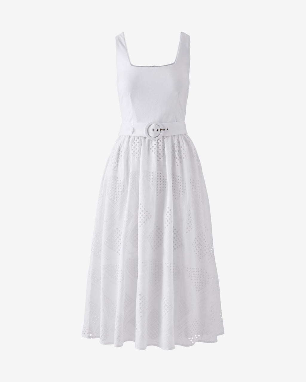 Belted Novelty Eyelet Midi Dress Pure White