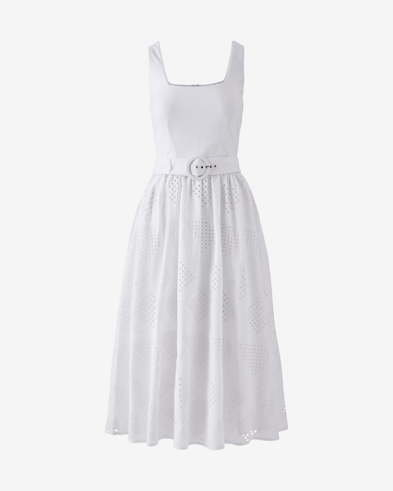Belted Novelty Eyelet Midi Dress Pure White