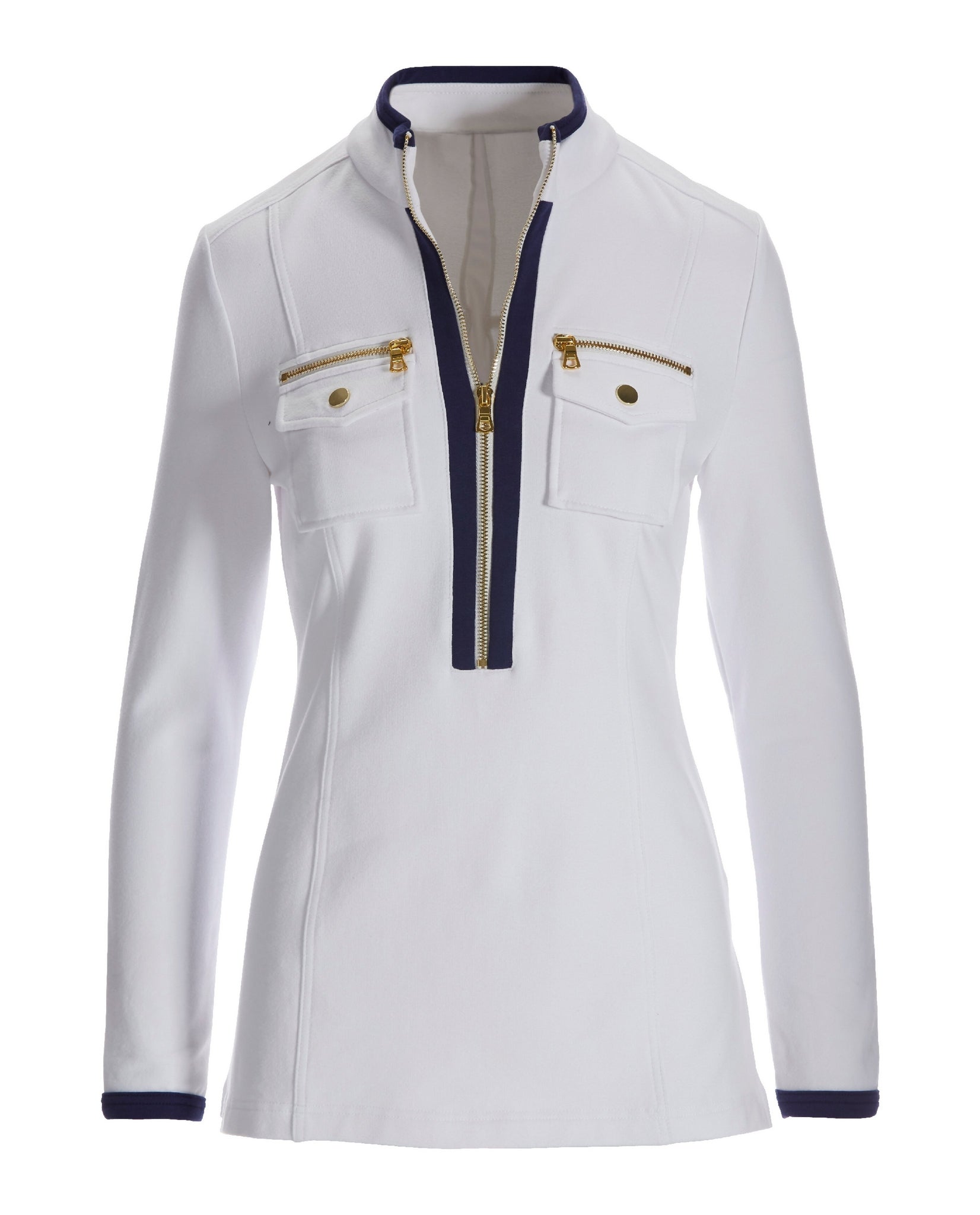 Long Sleeve Chic Zip Top White Navy