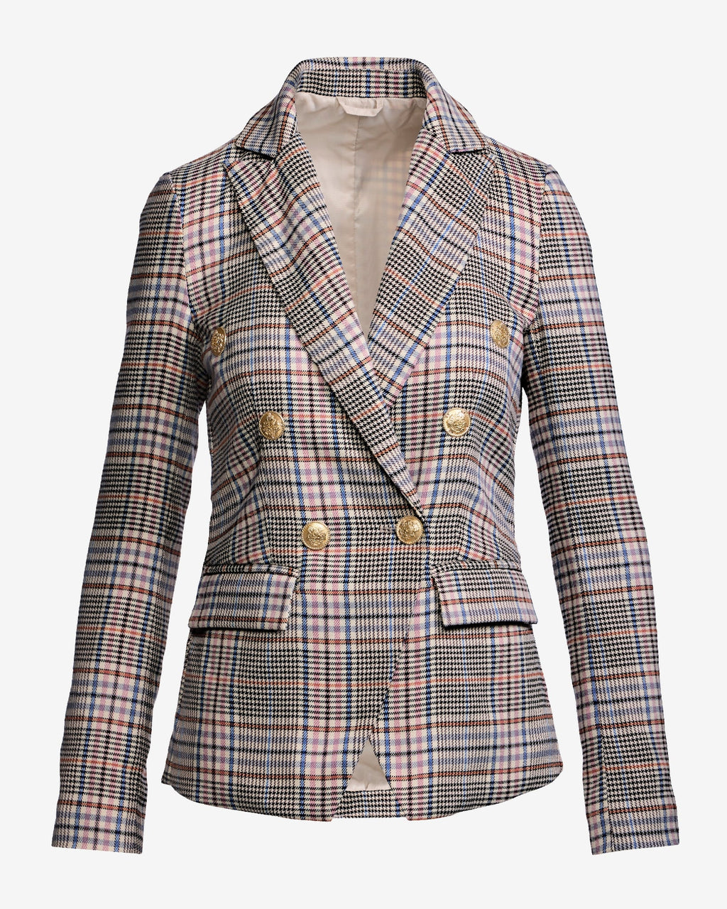 Chic Plaid Double Breasted Blazer Ivory Multi