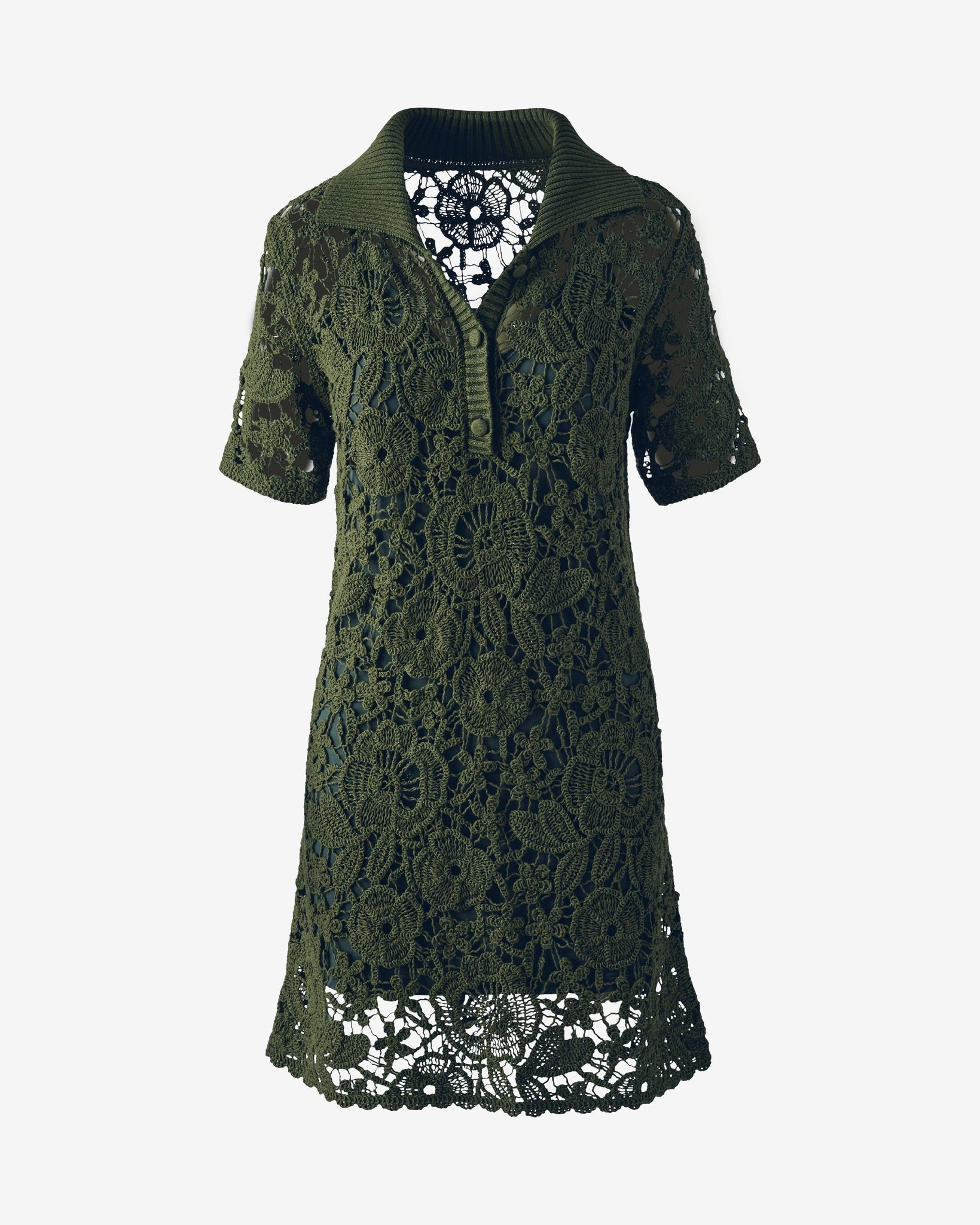 Collared Crochet Shirt Dress Bronze Green