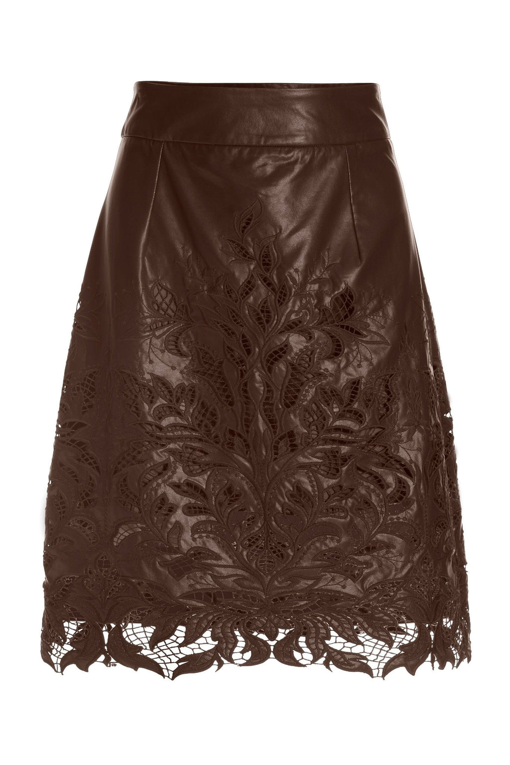 Embroidered Faux Leather and Lace Cut Out Skirt Chocolate