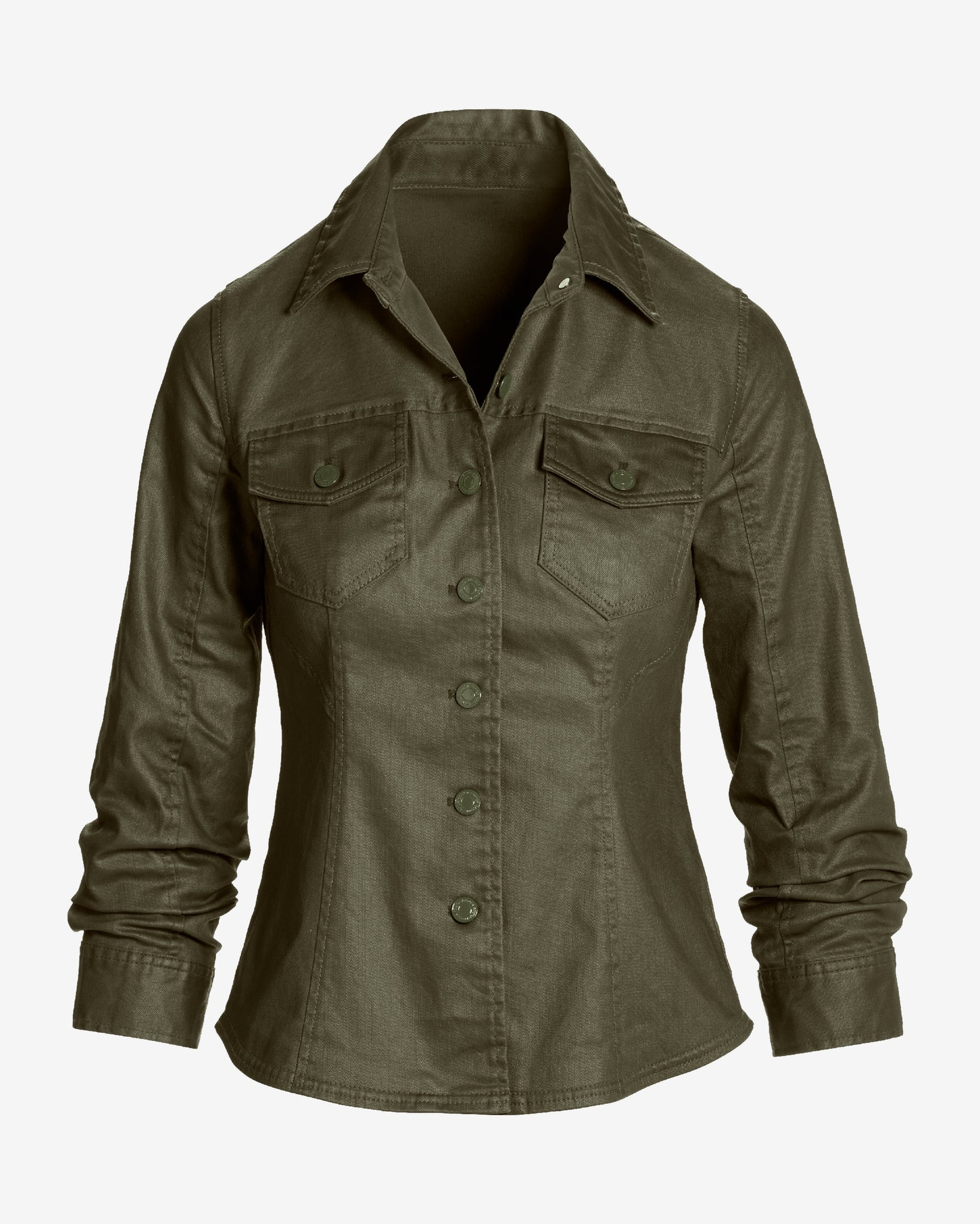 Coated Denim Ruched Sleeve Jacket Olive Night