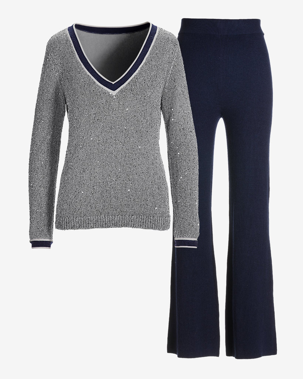Sequin Stripe V Neck Sweater Set Silver