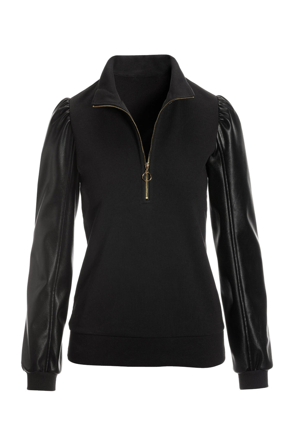 Faux Leather Sleeve Sweatshirt Black