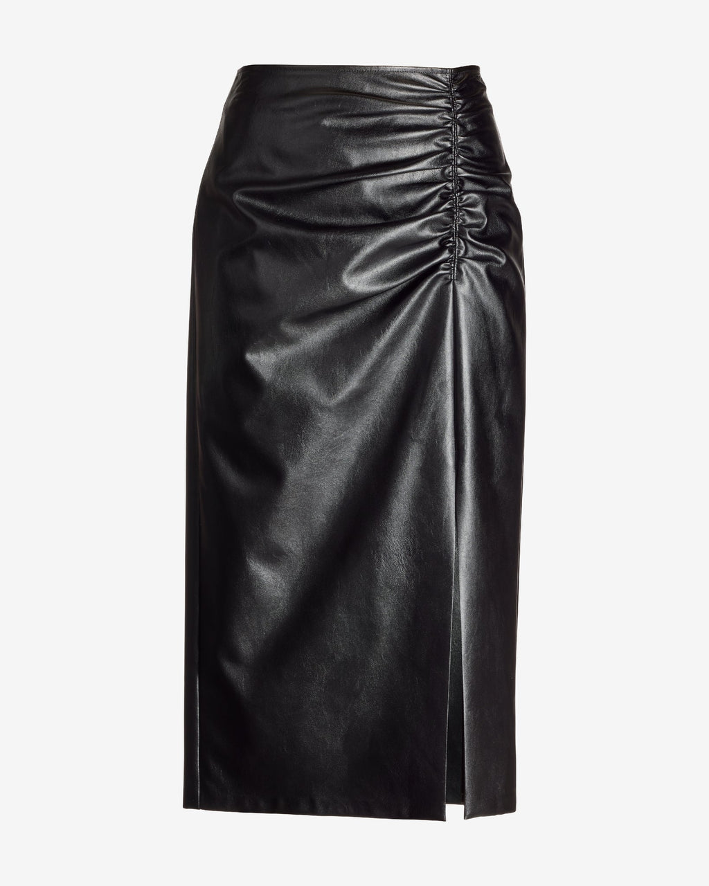 Faux Leather Ruched Midi Skirt Black