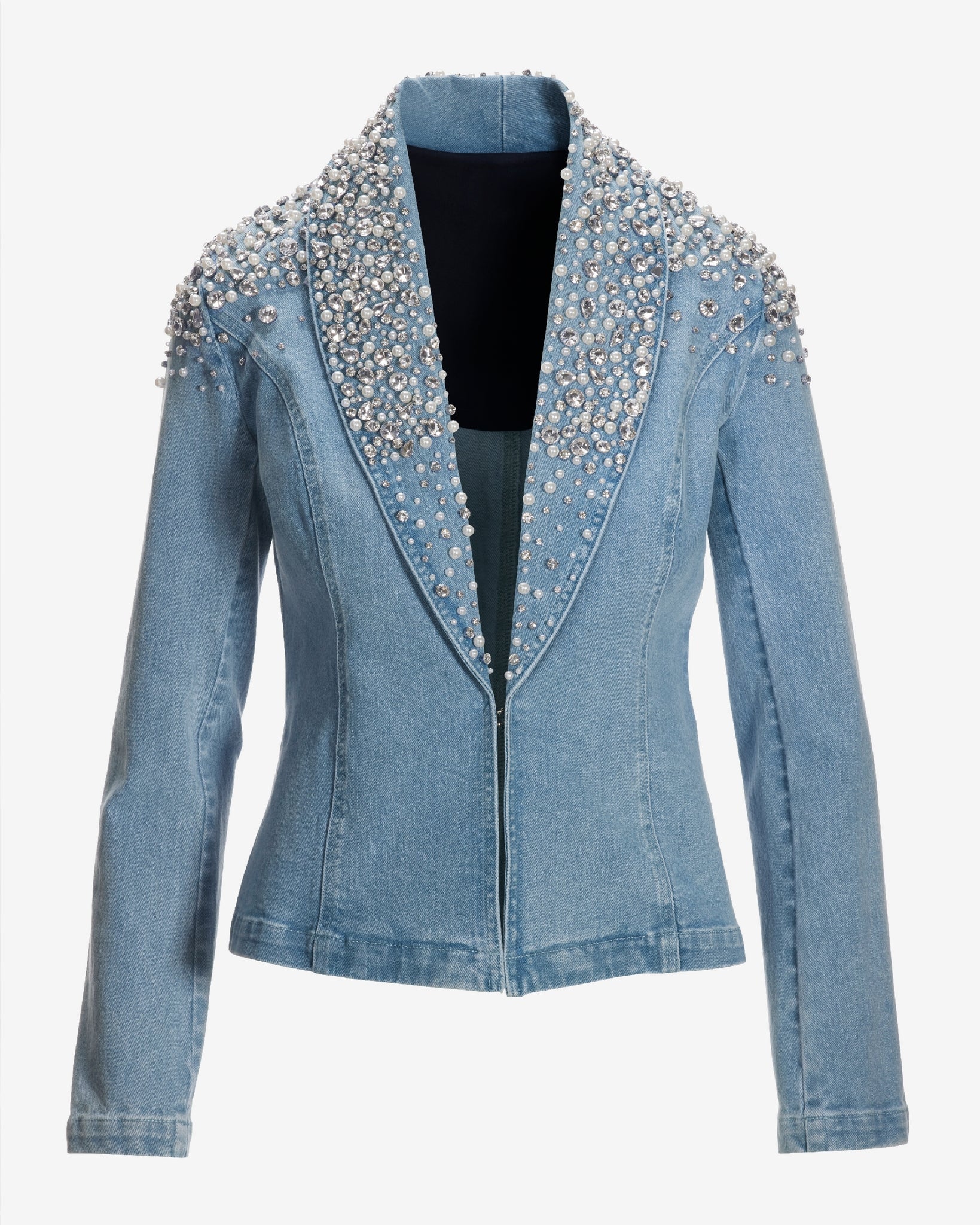 Pearl Embellished Denim Shawl Collar Jacket Light Wash