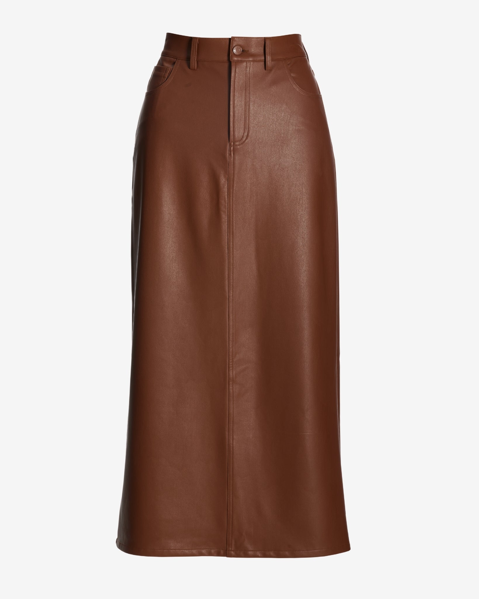 Faux Leather Five Pocket Midi Skirt Cognac