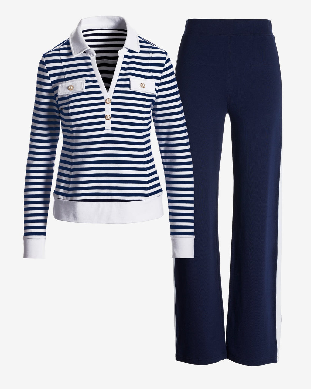 Pearl Stripe French Terry Top and Pant Set Navy/White