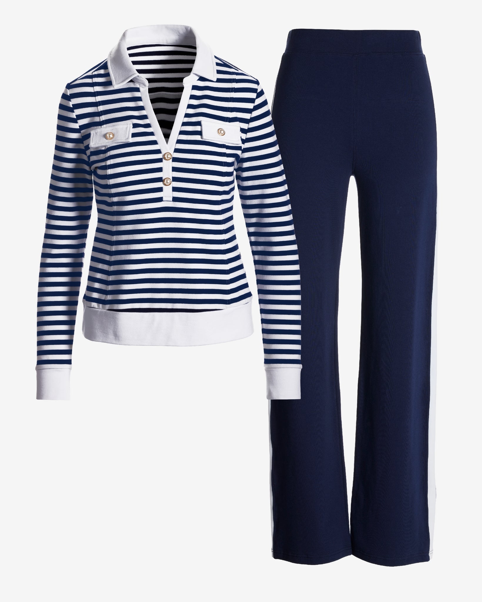Pearl Stripe French Terry Top and Pant Set Navy/White