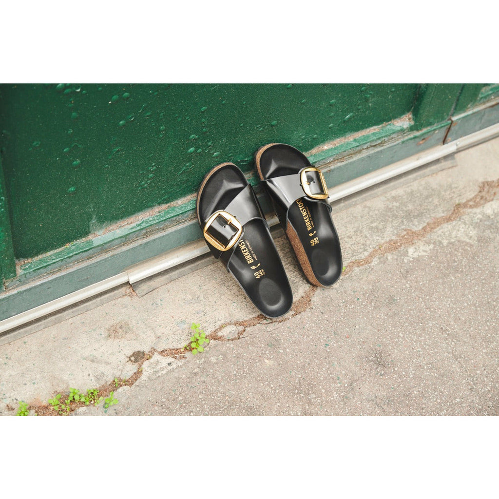 Birkenstock Madrid Big Buckle Natural Leather Patent in High Shine Black