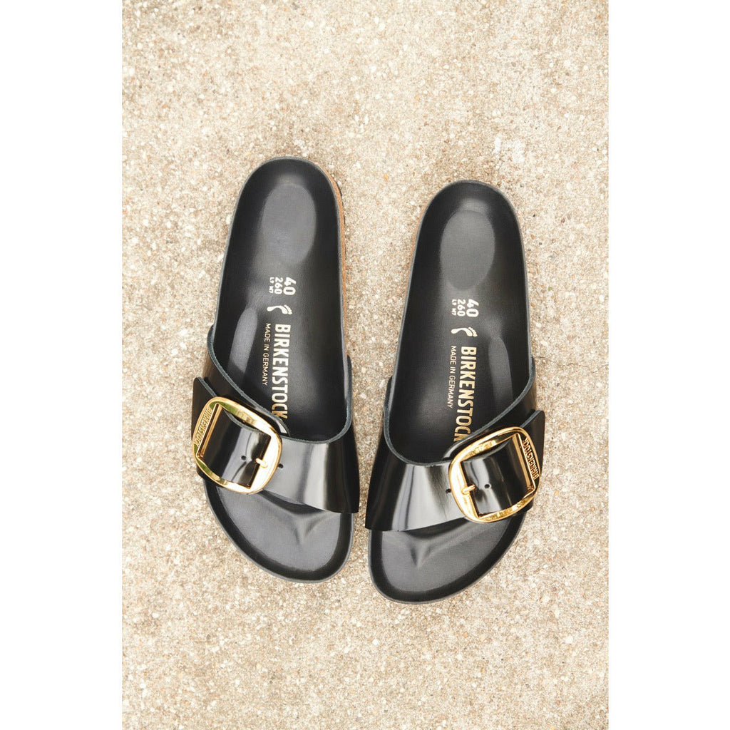 Birkenstock Madrid Big Buckle Natural Leather Patent in High Shine Black