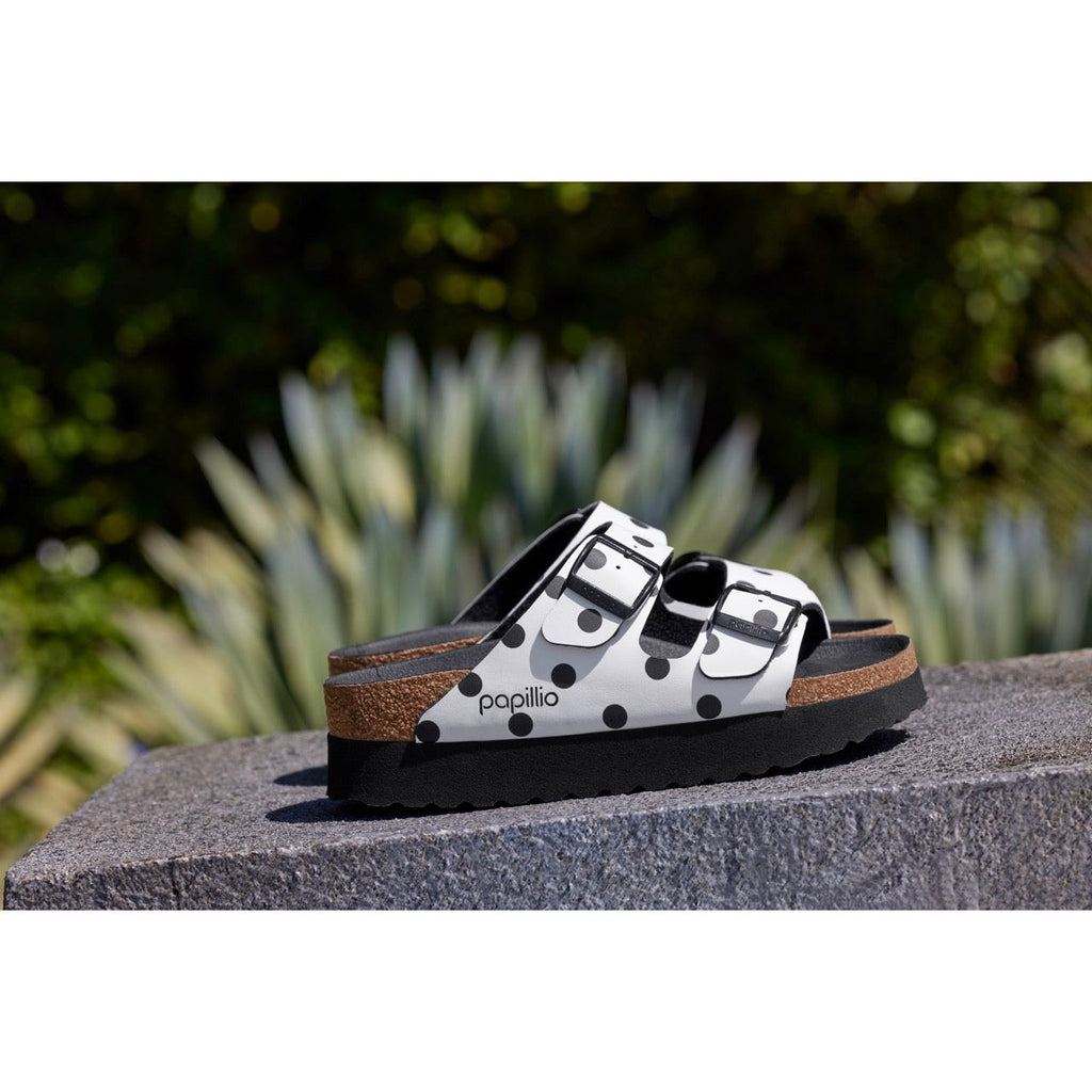 Birkenstock Arizona Platform Birko-Flor in White Black Dots