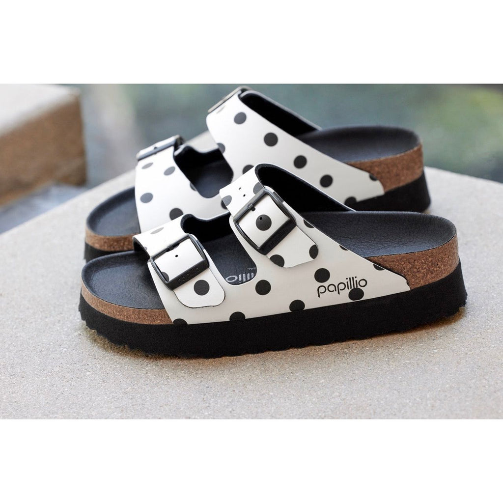 Birkenstock Arizona Platform Birko-Flor in White Black Dots