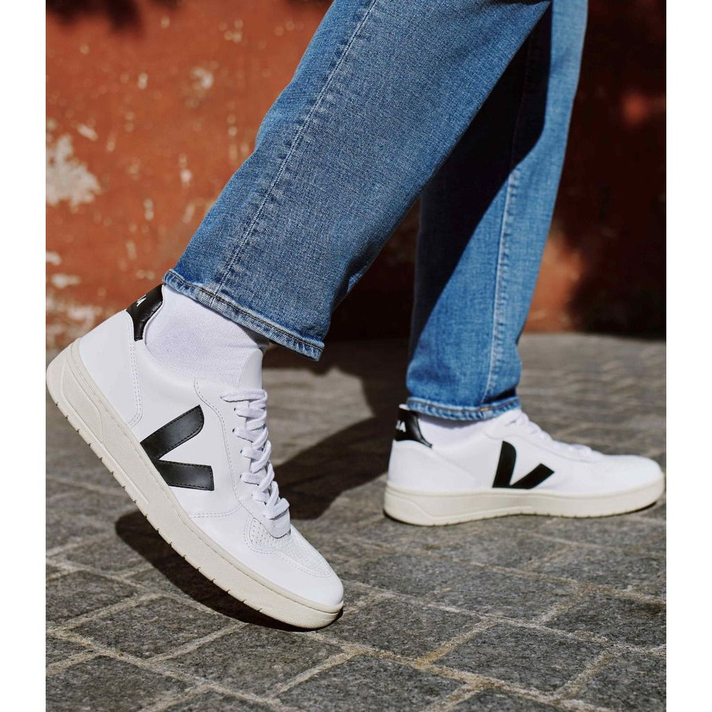 Veja Women's V-10 Leather Sneaker in White Black